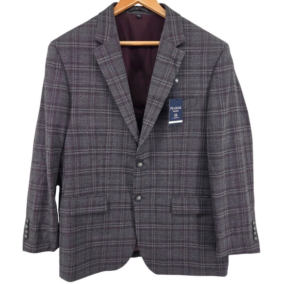 Jos A‎ Bank Traveler Blazer Mens 44R Grey Plaid Wool Blend Tailored Fit